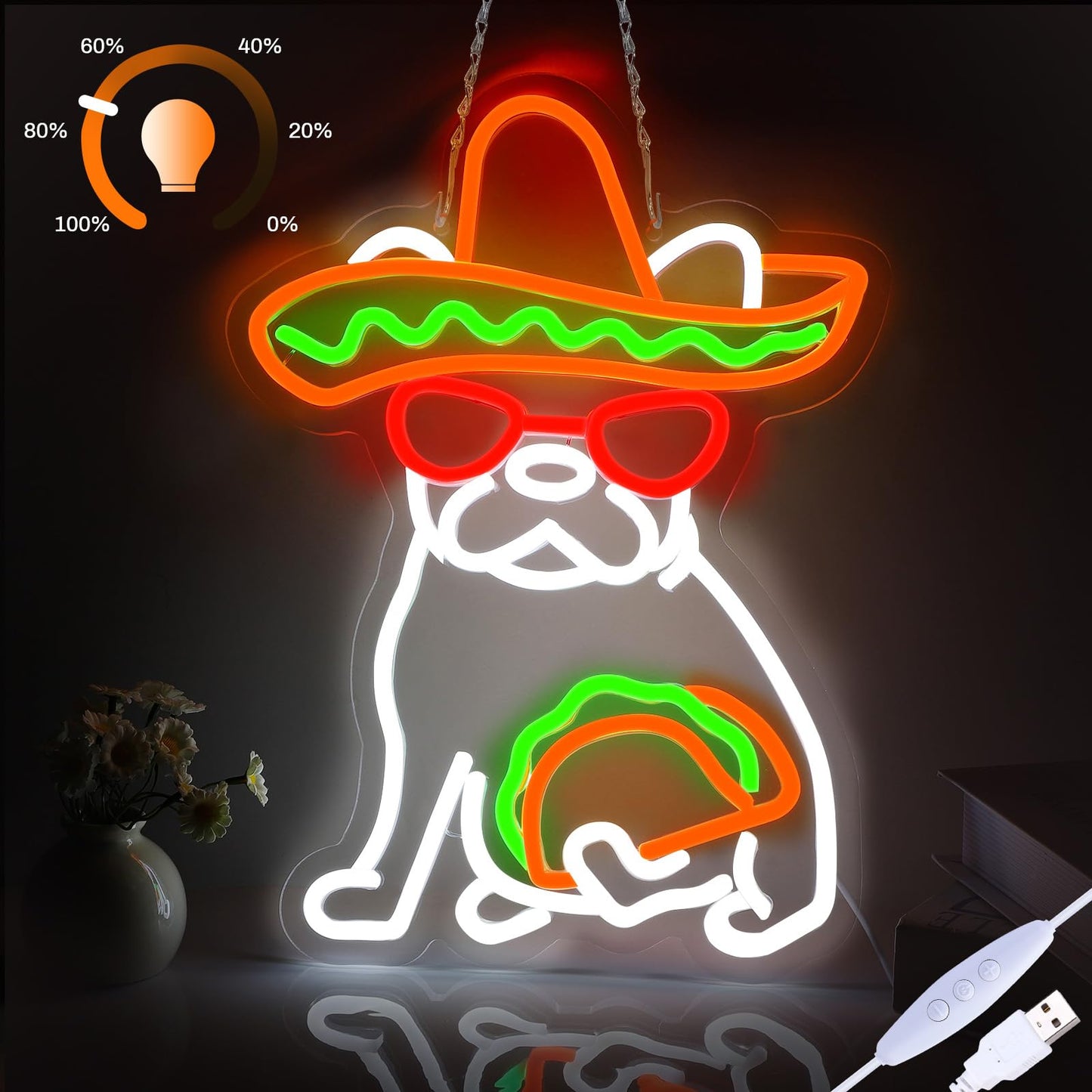 Tacos Dog Neon LED Hanging Sign, USB, for Restaurants, 16”x12”