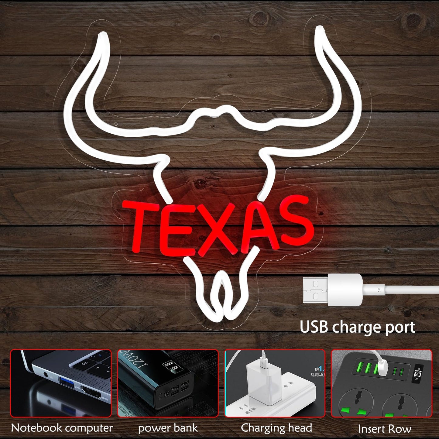 Texas Bull Neon LED Sign, USB Powered, 13x13 inches