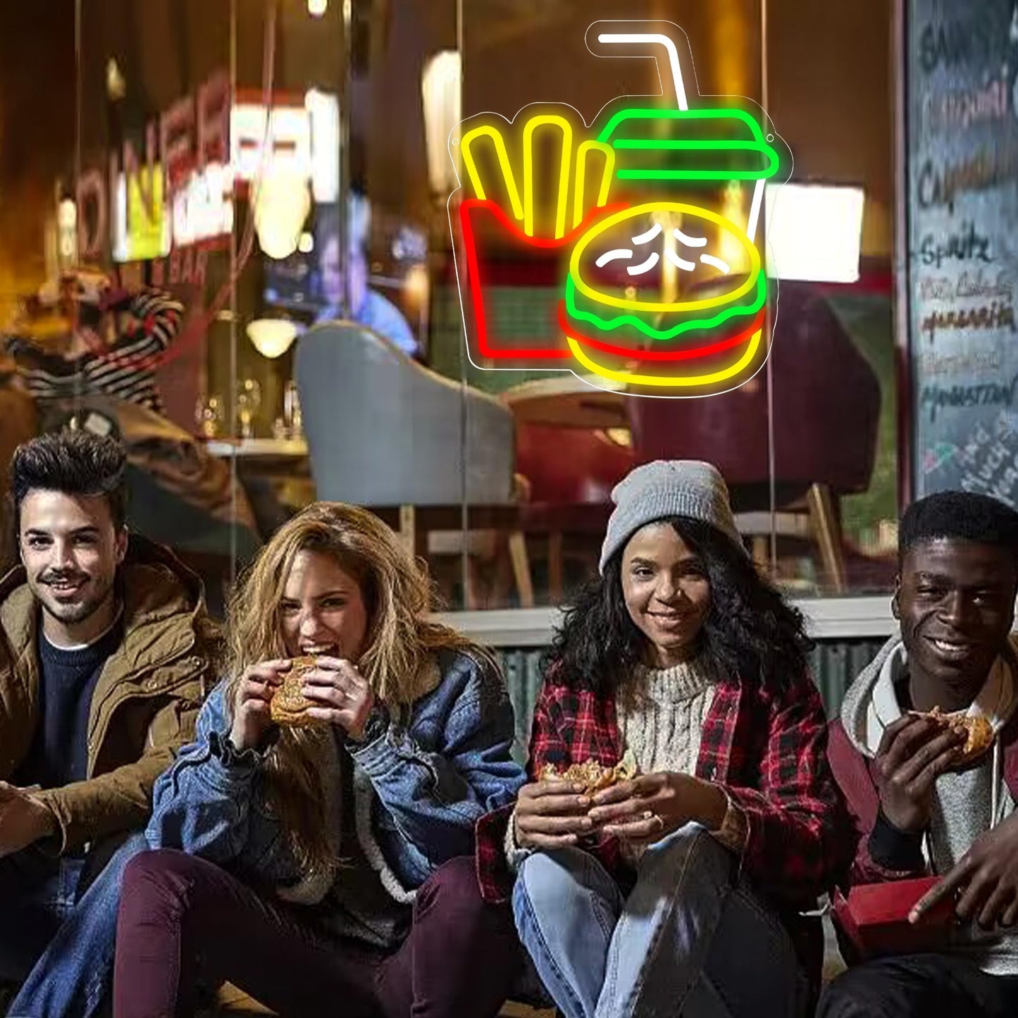 Burger Neon LED Hanging Sign, USB, for Restaurants, 14 x 13 inches