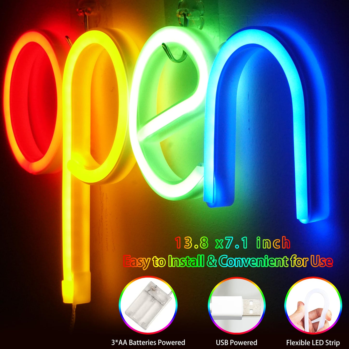 Open LED Neon Sign for Business - USB or AAA Powered, 13.8 x 7.1 inch Shop Window Display