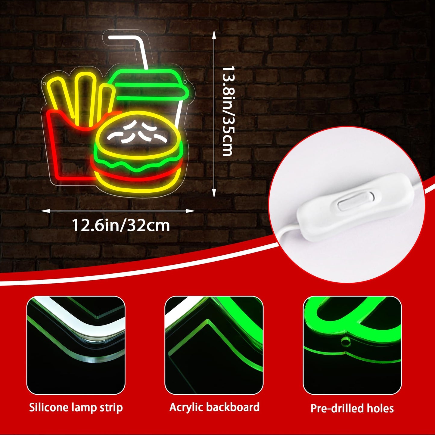 Burger Neon LED Hanging Sign, USB, for Restaurants, 14 x 13 inches