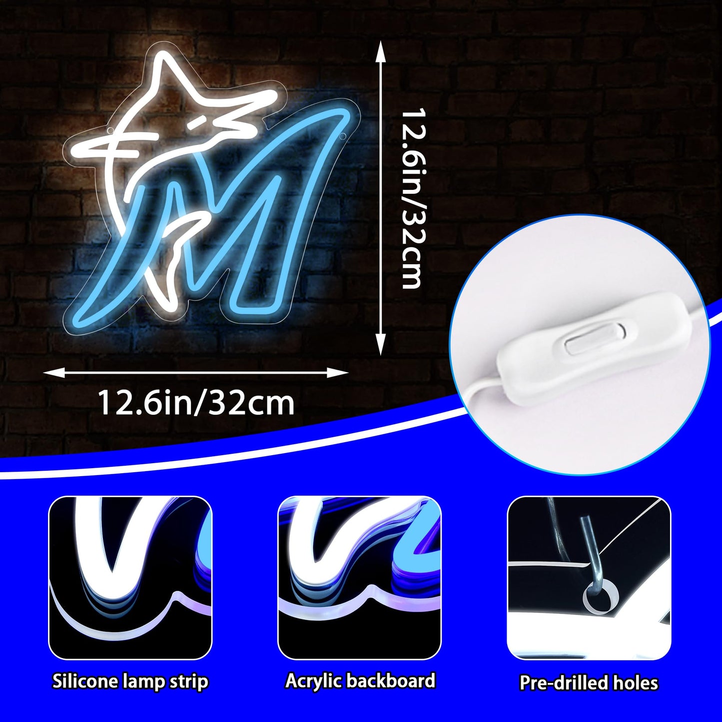 Miami Baseball Neon LED Hanging Sign, USB Powered, (13 x 13 inches)