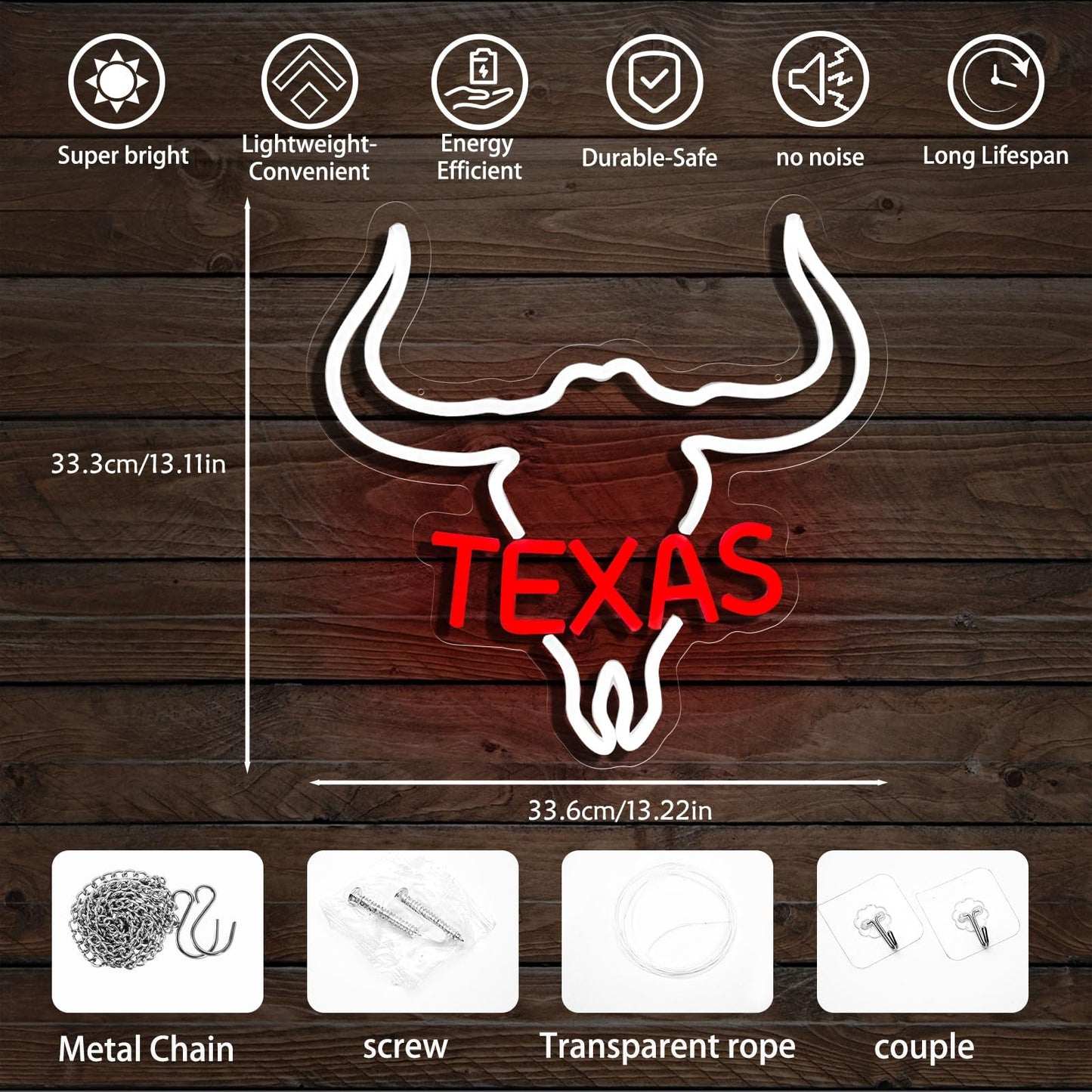 Texas Bull Neon LED Sign, USB Powered, 13x13 inches