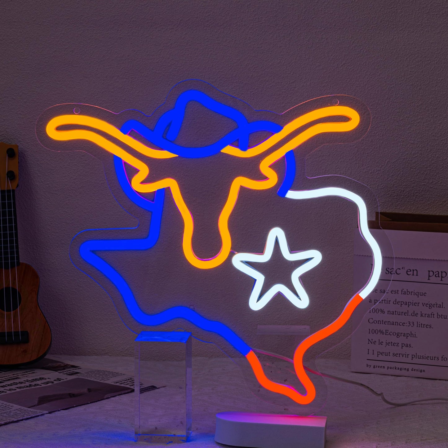 Texas Longhorn Neon LED Sign, USB, Dimming, 13”x13” inch