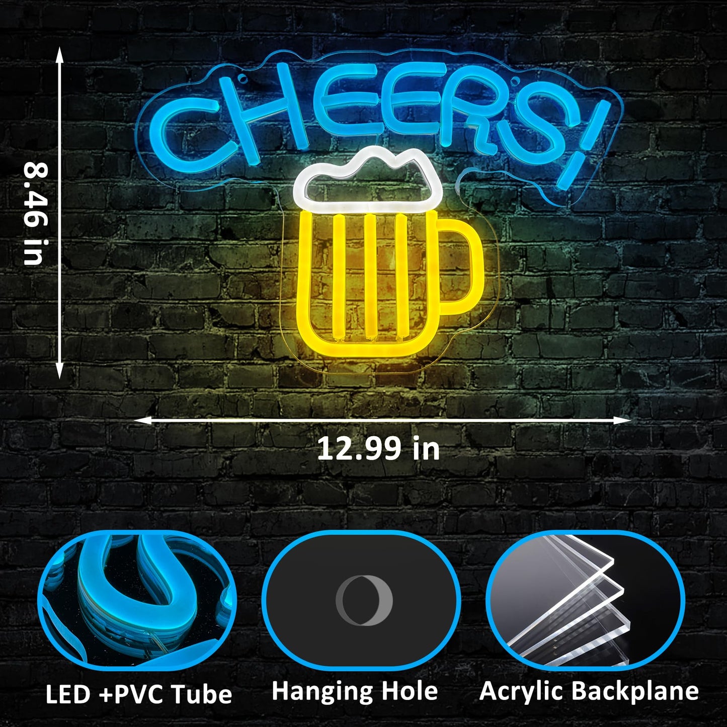 Cheers Neon Sign LED, USB Powered 13x9 inches