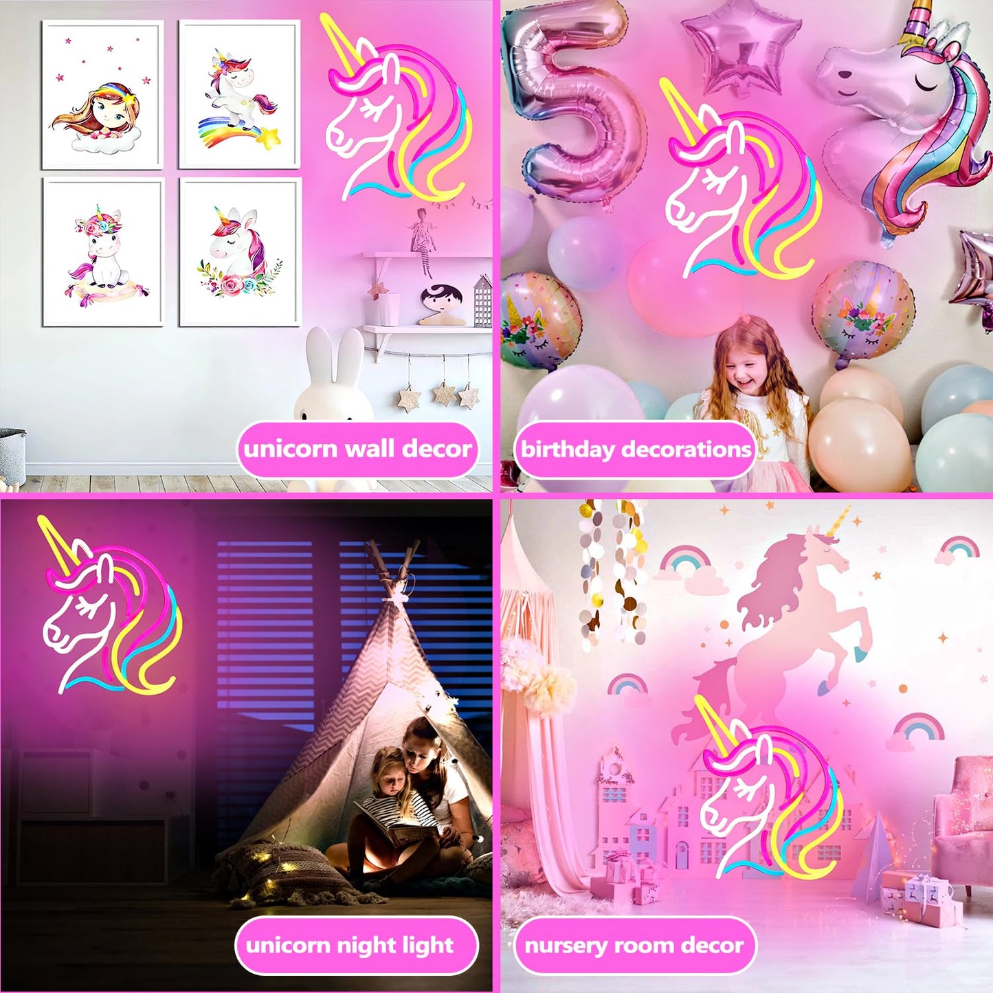 Unicorn Pink Night Light, LED, Dimmable, USB, 13x11 inches