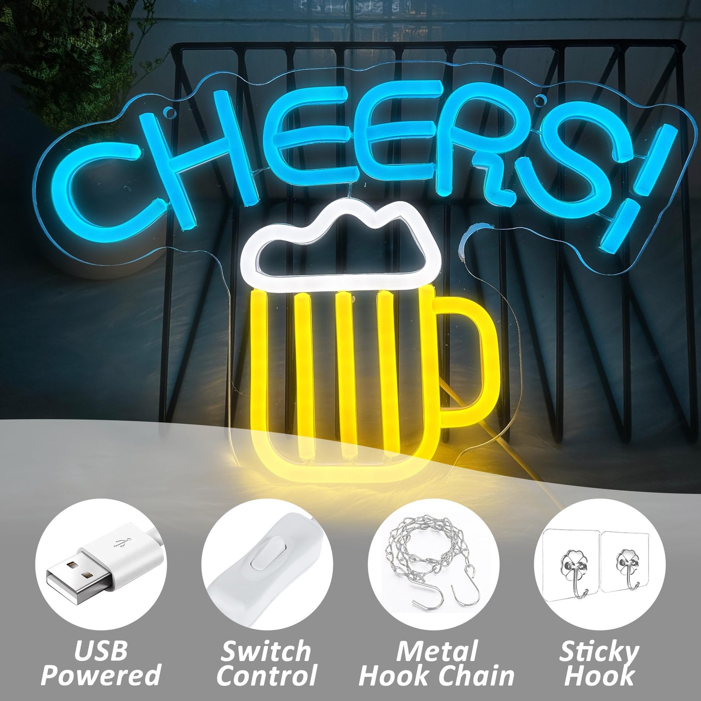 Cheers Neon Sign LED, USB Powered 13x9 inches