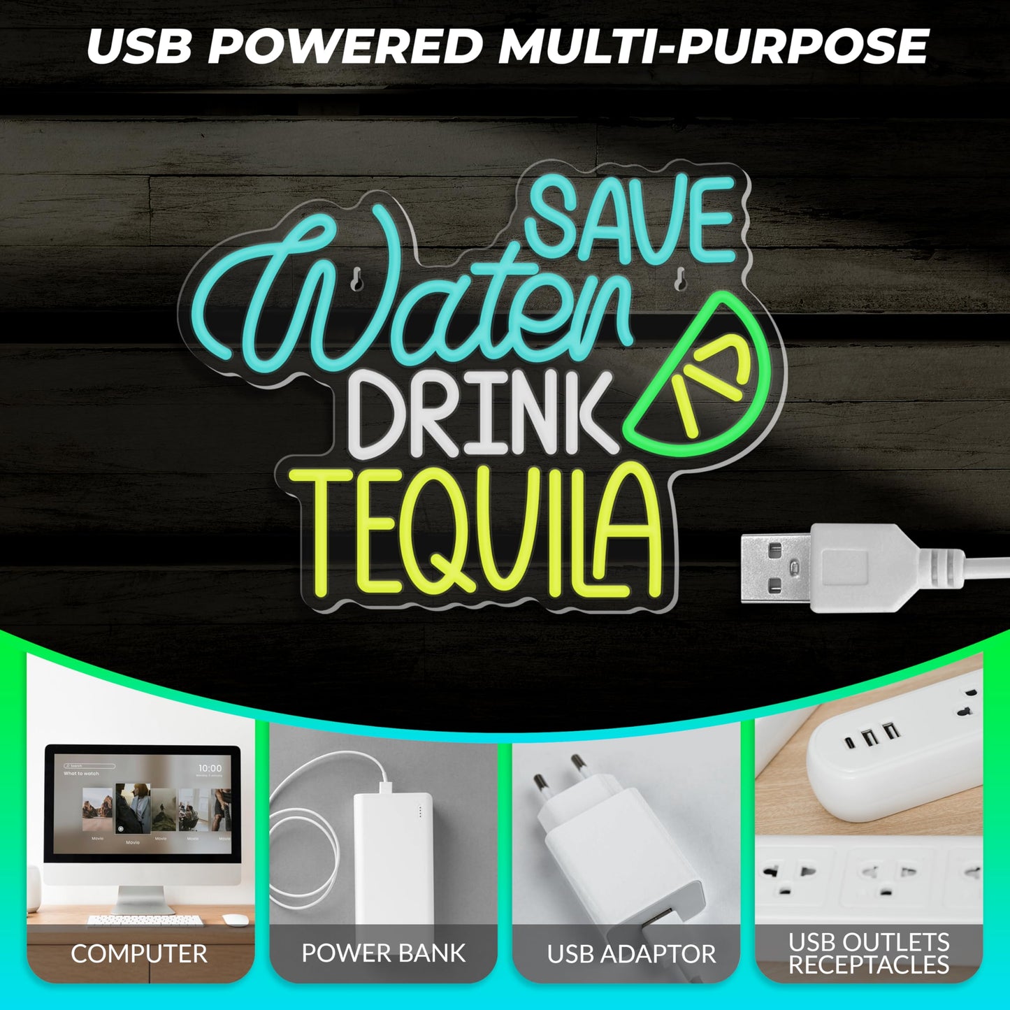 Save Water Drink Tequila Neon LED Sign, Dimming, USB, 15”x 11” inch