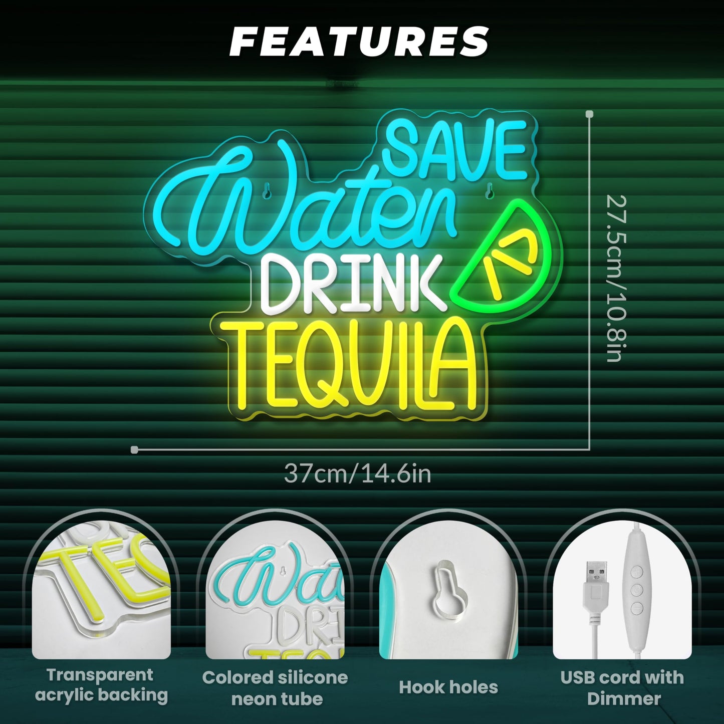 Save Water Drink Tequila Neon LED Sign, Dimming, USB, 15”x 11” inch