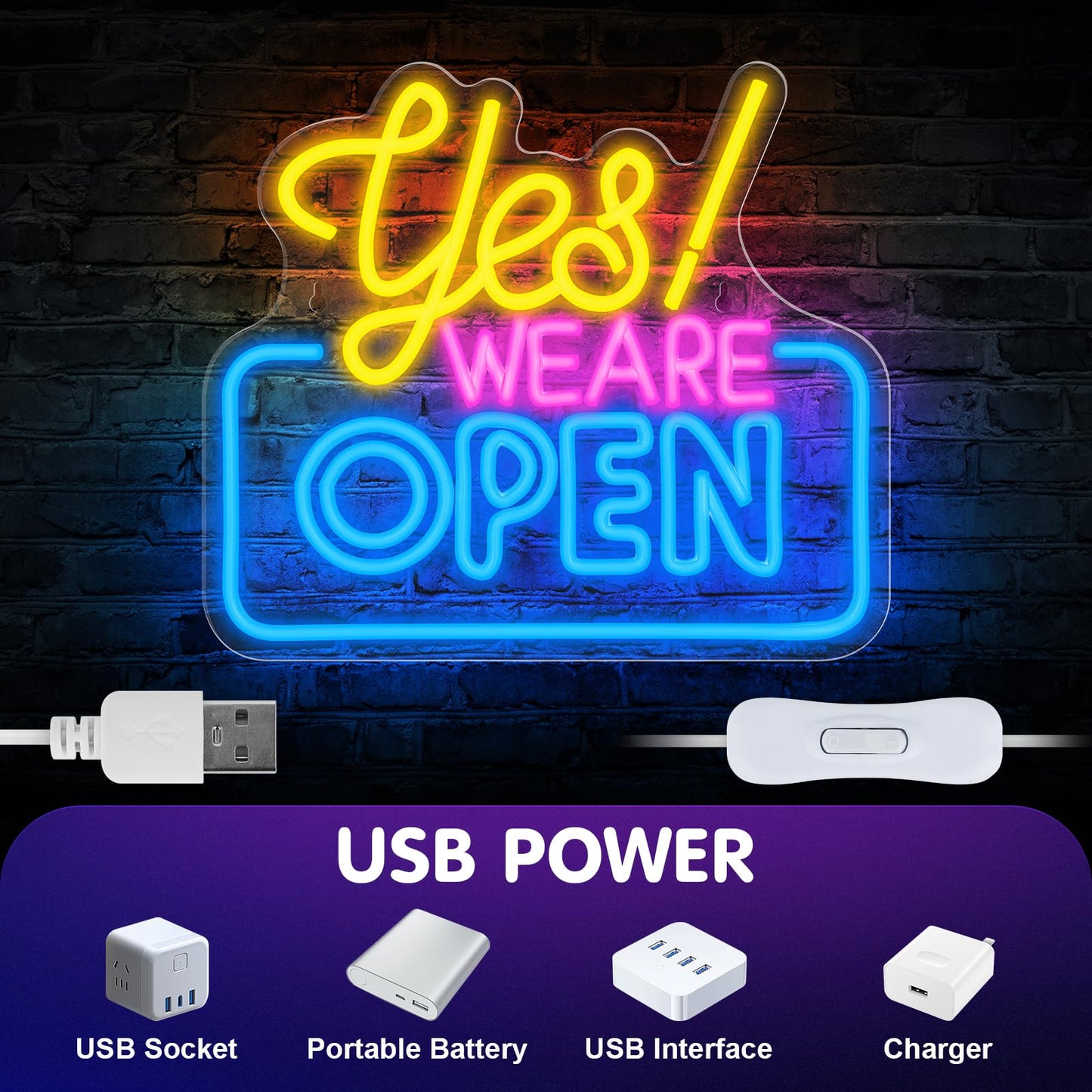 Yes We Are Open Neon LED Sign, USB, Hanging, 14 x 12 Inch