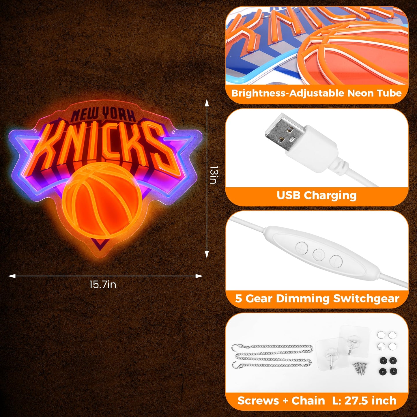 Basketball Knick LED Hanging Sign, Dimmable, USB, 16x13 inches