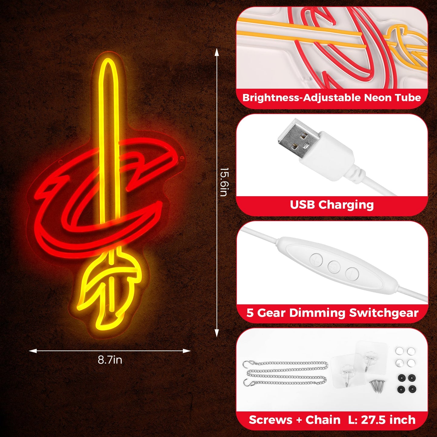 Cleveland Basketball Neon LED Sign, Dimmable, USB Powered, (16x9 inch)