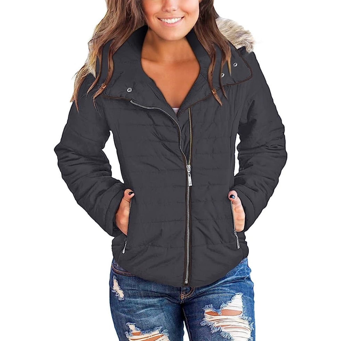 Women’s Casual Lapel Zip Pockets Quilted Parka Jacket Puffer Coat