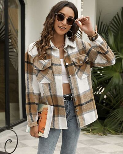 Women Brushed Flannel Plaid Lapel Button Down Shacket Jacket Coat