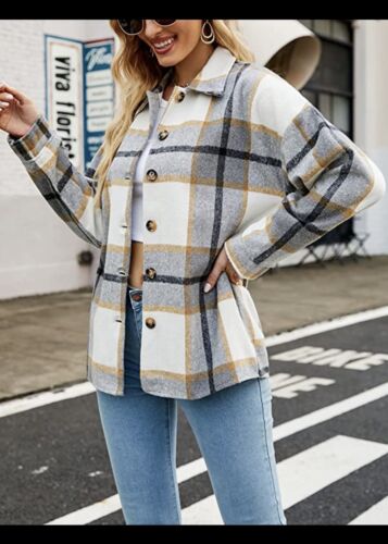 Women Brushed Flannel Plaid Lapel Button Down Shacket Jacket Coat