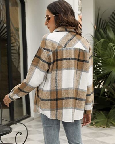 Women Brushed Flannel Plaid Lapel Button Down Shacket Jacket Coat