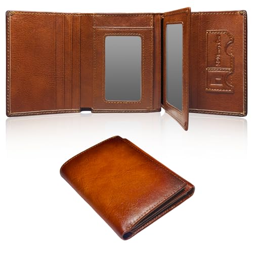 Mens Wallets Trifold Genuine Leather, RFID Blocking, 10 Cards, 3 ID Windows