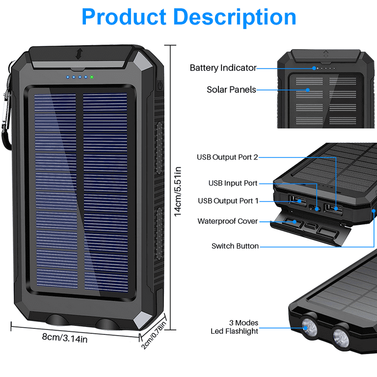 Solar Charging Power Bank 36800mAh Portable,QC3.0 Fast Charger Dual USB