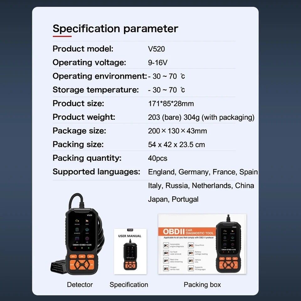 V520 Professional OBD2 Scanner Diagnostic Tool Enhanced Auto Check Engine