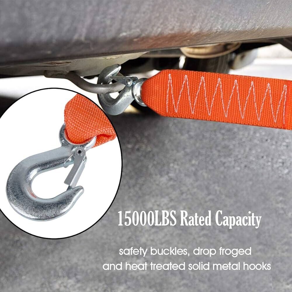 Tow Strap with Hooks 2In X20Ft Recovery Strap 15,000LB Break Strength