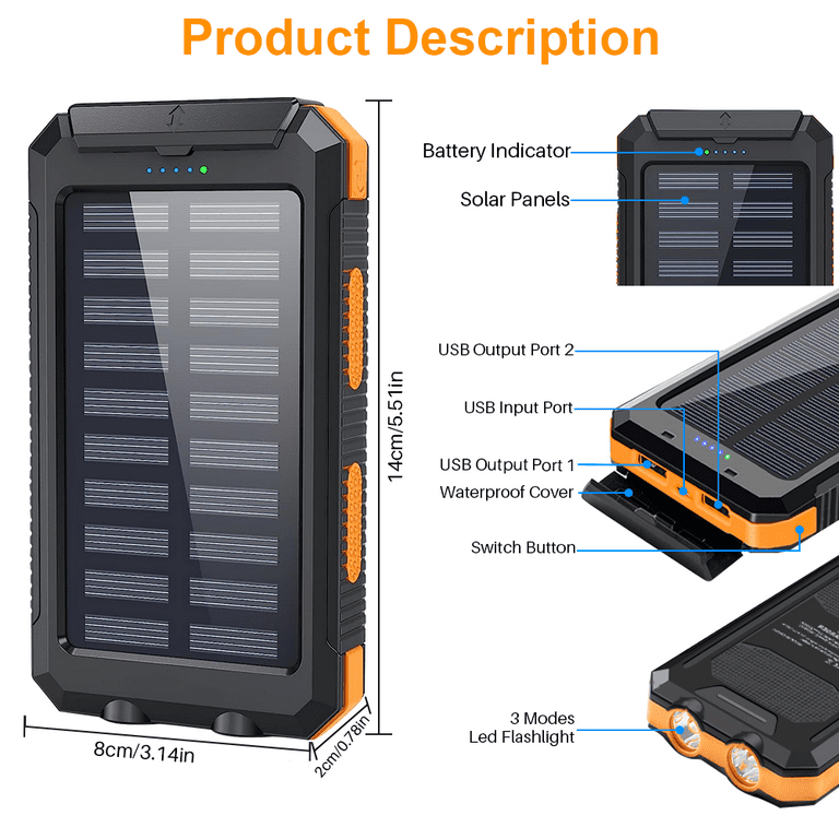 Solar Charging Power Bank 36800mAh Portable,QC3.0 Fast Charger Dual USB