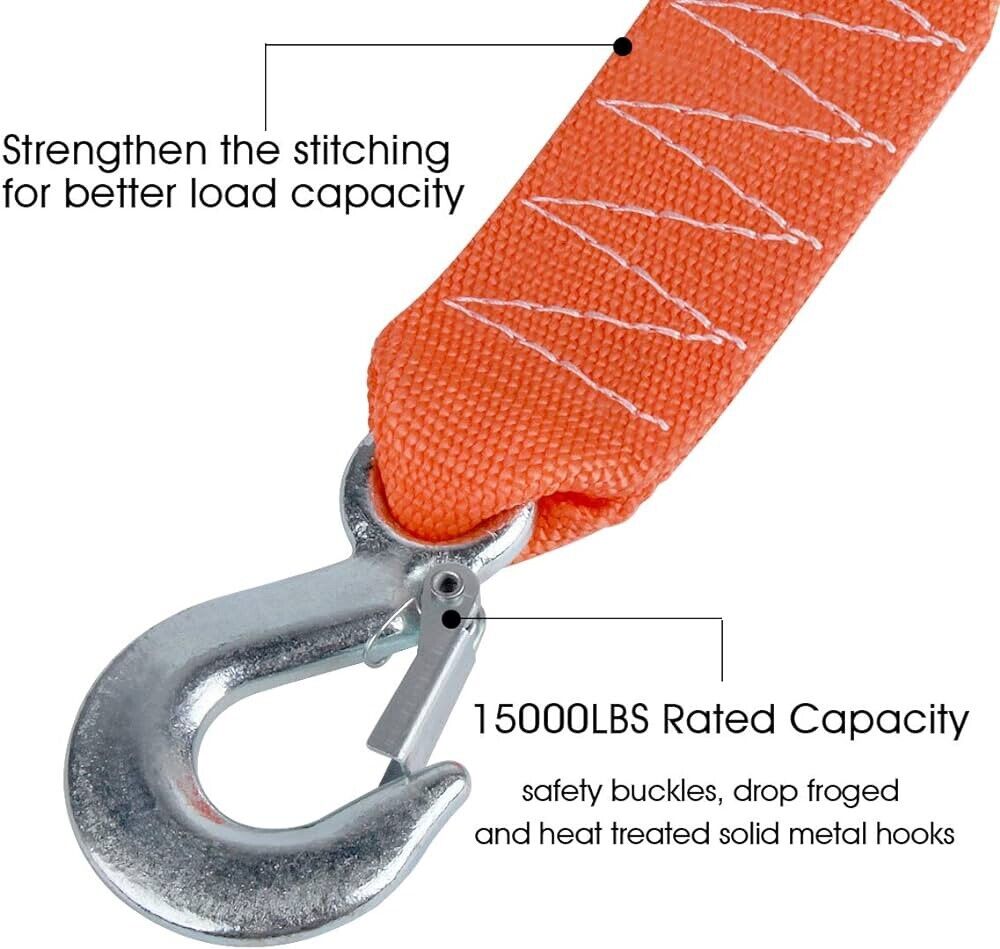 Tow Strap with Hooks 2In X20Ft Recovery Strap 15,000LB Break Strength
