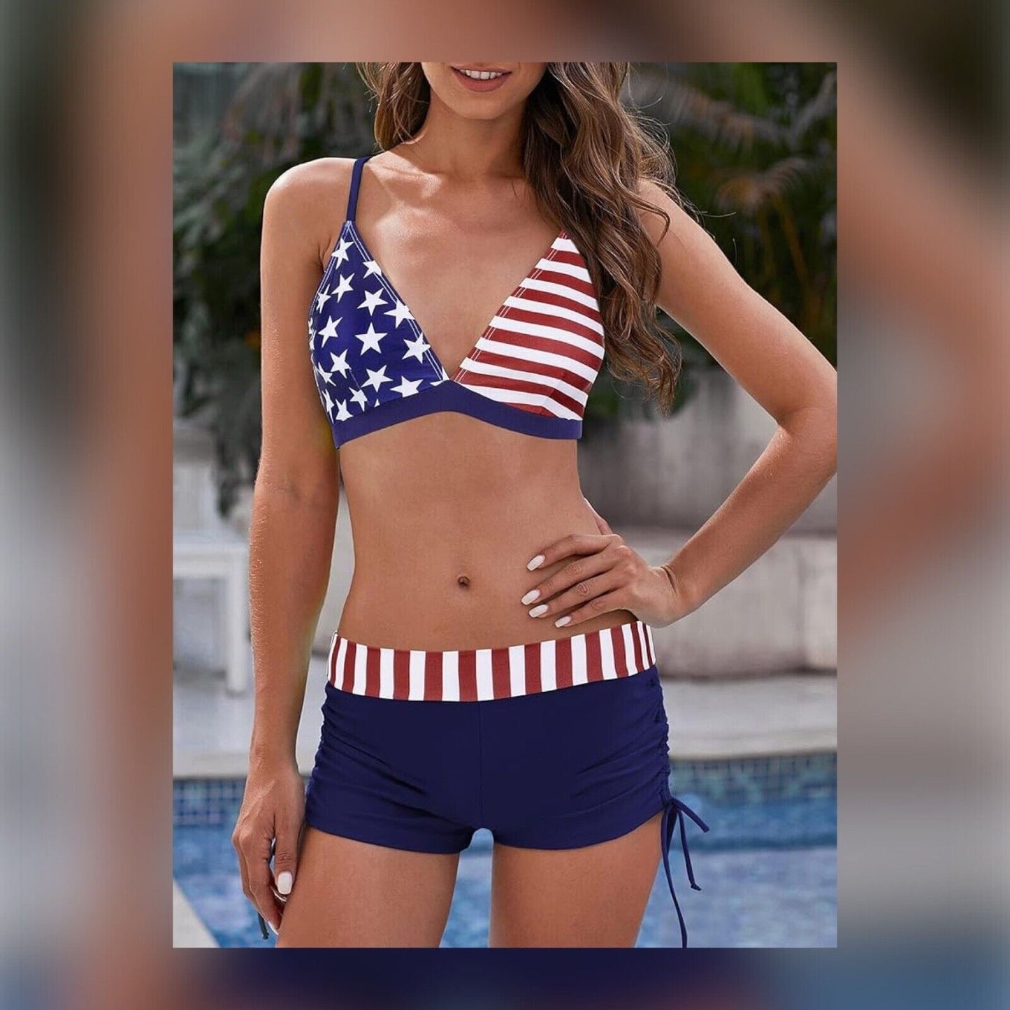 Women's Sporty Two Piece Swimsuits US Flag Halter Push Up Bathing Suit