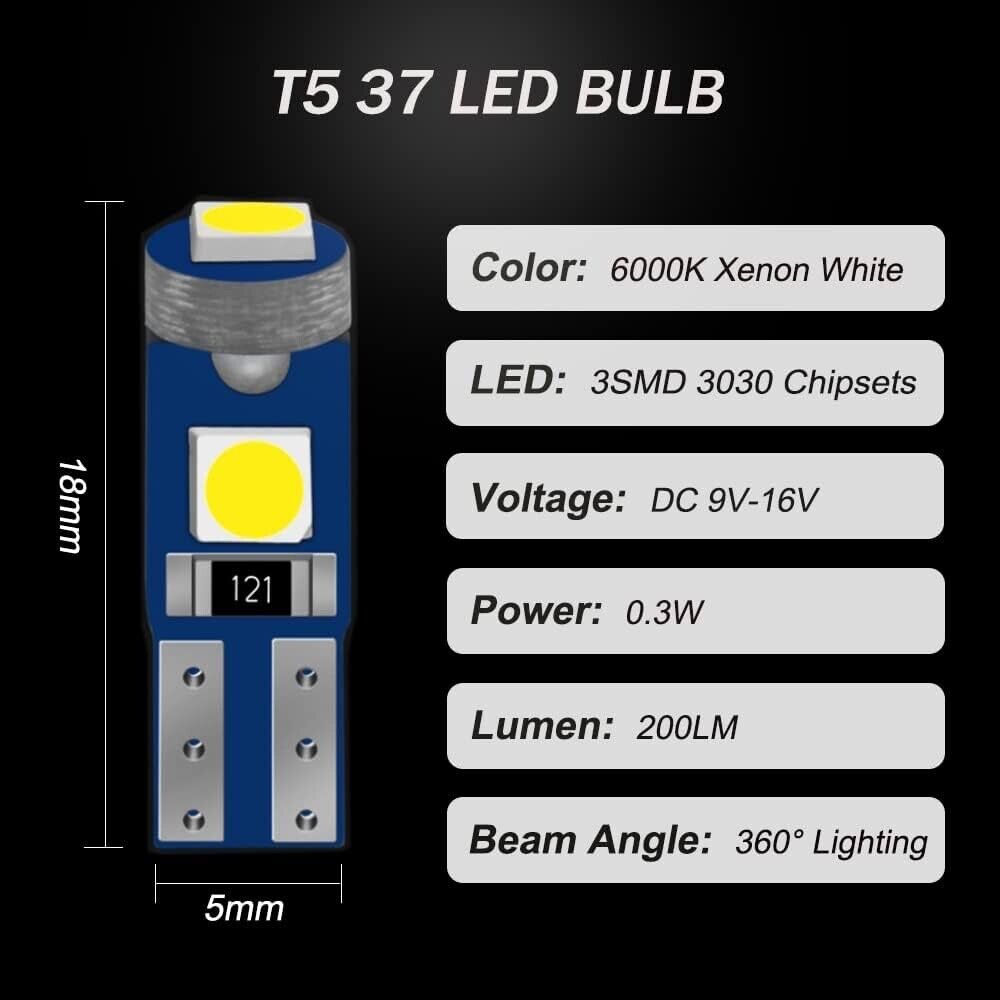 10Pcs White T5, 37, 74, 2721,PC74,PC37 LED Bulb, 3030 Chips Super Bright 12 Volt