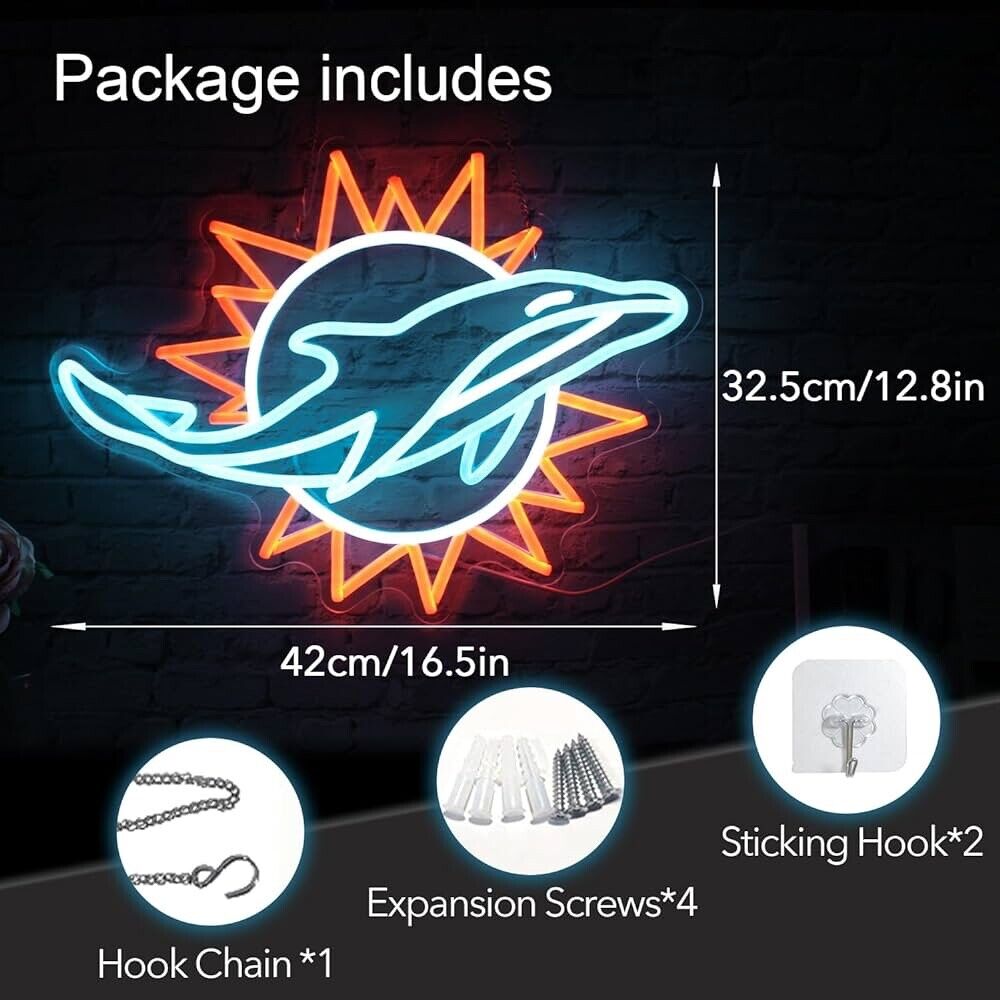Miami Dolphins LED Neon Sign For Bar, Garage , Mancave 12.8” x 16.5” Inch