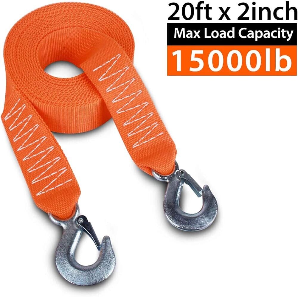 Tow Strap with Hooks 2In X20Ft Recovery Strap 15,000LB Break Strength