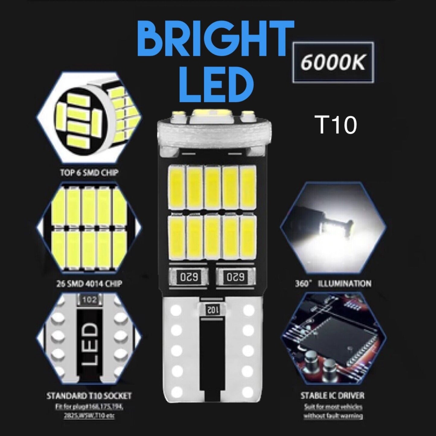 2 Pack LED Bulb T10 168 194 Signal Lamp Canbus 4014 26SMD For Car Interior Map D