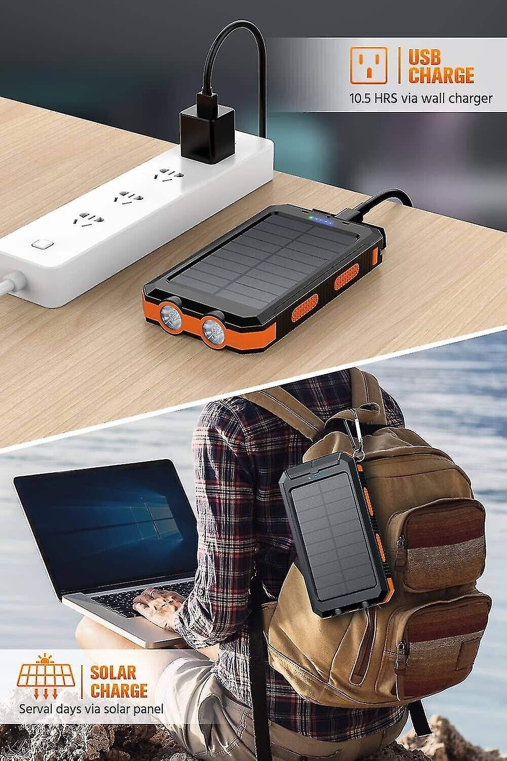 Solar Charging Power Bank 36800mAh Portable,QC3.0 Fast Charger Dual USB