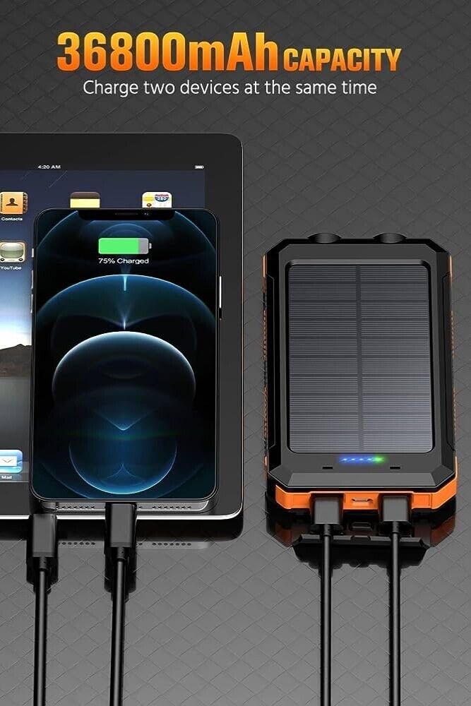 Solar Charging Power Bank 36800mAh Portable,QC3.0 Fast Charger Dual USB