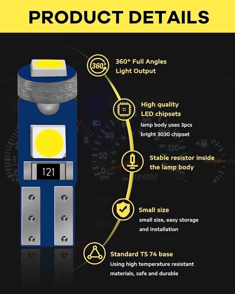 10Pcs White T5, 37, 74, 2721,PC74,PC37 LED Bulb, 3030 Chips Super Bright 12 Volt