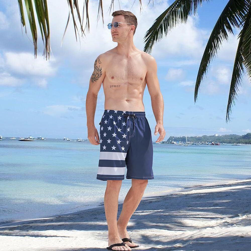 Men's Quick Dry Swim Trunks Navy Blue American Flag