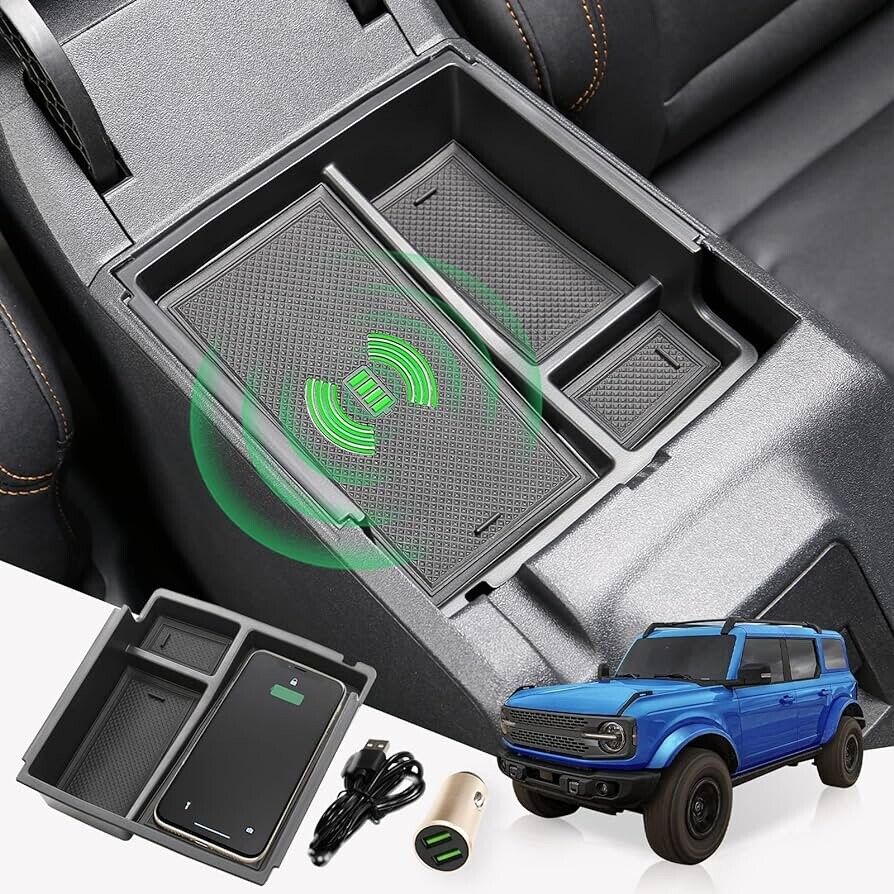 Center Console Organizer Box with 15W Wireless Charger for Ford Bronco 2021-2024