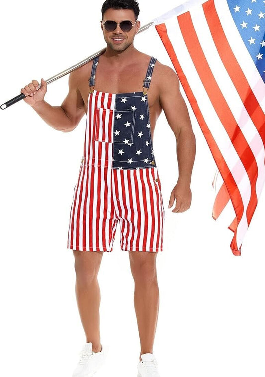 Mens American Flag Denim Overall Stretch Shorts