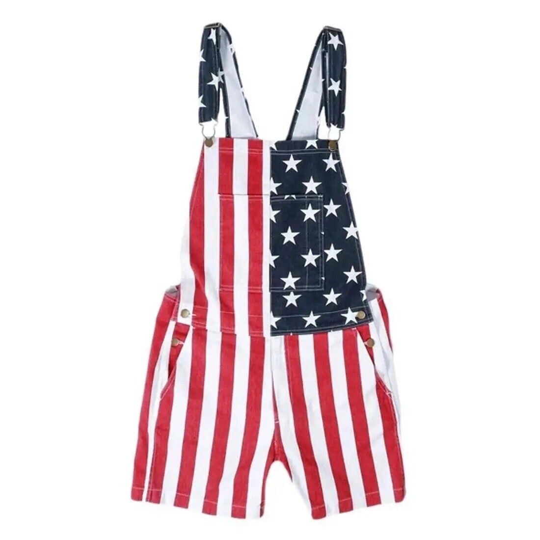 Mens American Flag Denim Overall Stretch Shorts