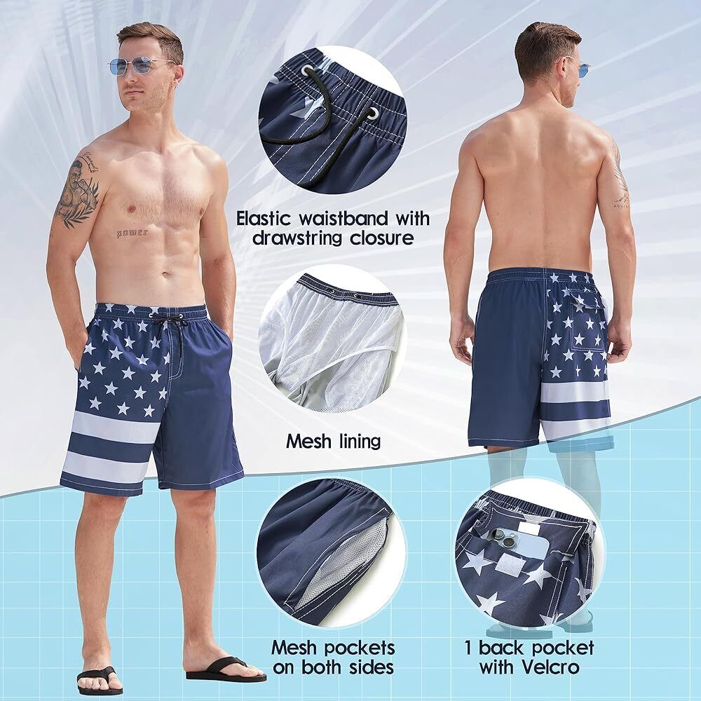 Men's Quick Dry Swim Trunks Navy Blue American Flag