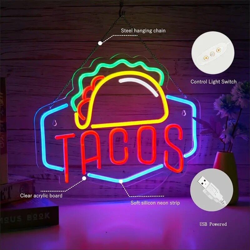 TACOS LED Neon Sign For Taco Shop, Kitchen, Restaurants, 12.2"x 12.6" Inches