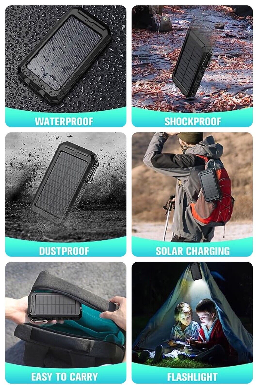 Solar Charging Power Bank 36800mAh Portable,QC3.0 Fast Charger Dual USB