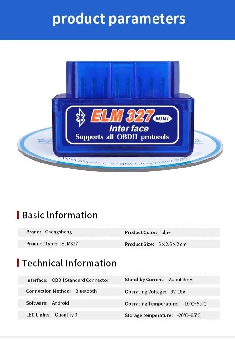 ELM327 OBD2 Code Reader BT Interface Adapter Diagnostic Scanner (For Android)