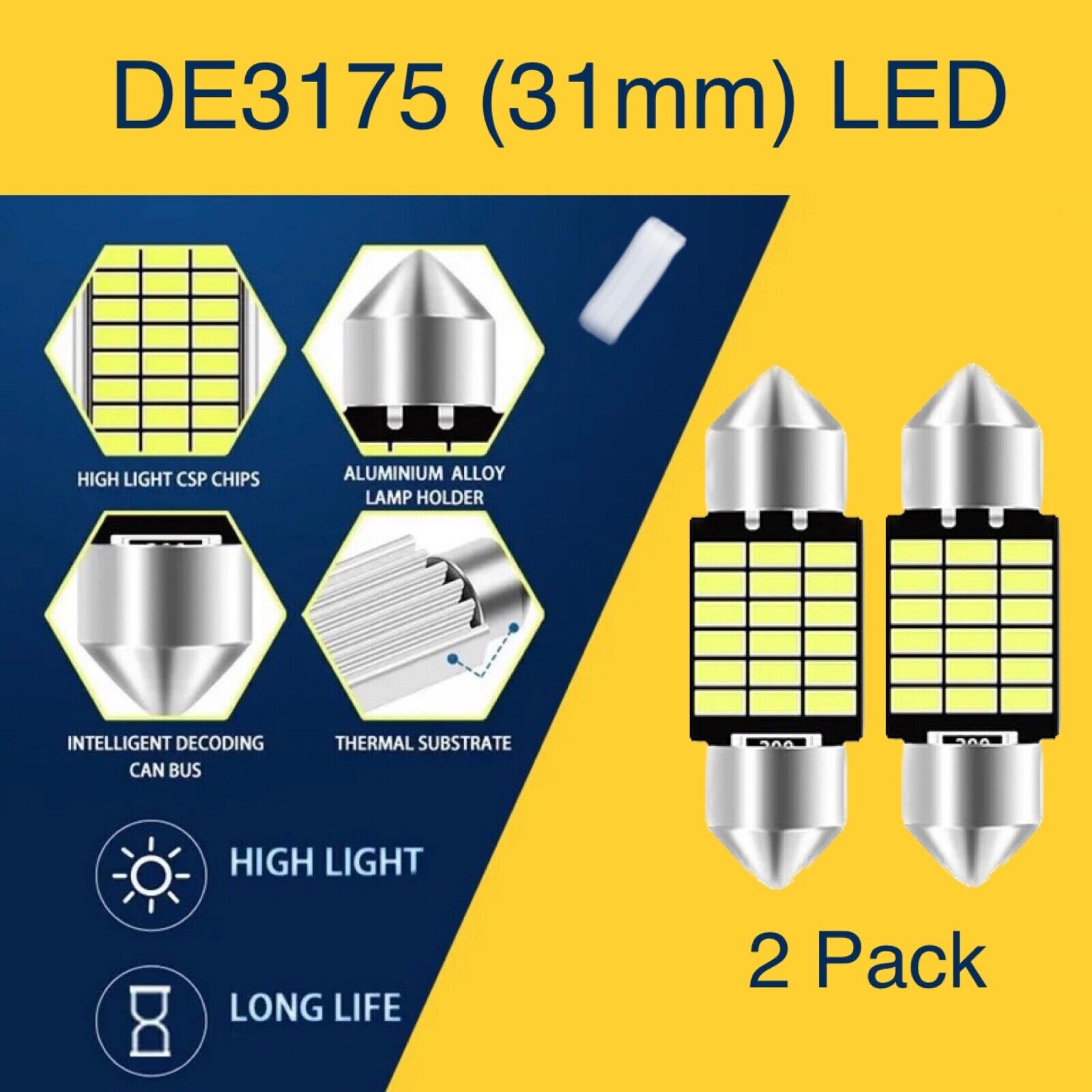 2 Pack DE3175 (31mm) LED canbus 6000k