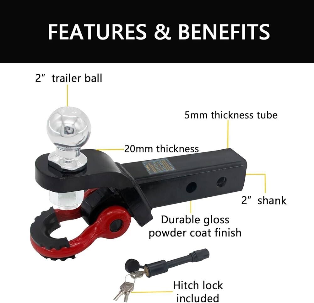 2 in 1 Trailer Hitch Ball Mount with Tow Shackle & 3/4" Hitch Pin Clip