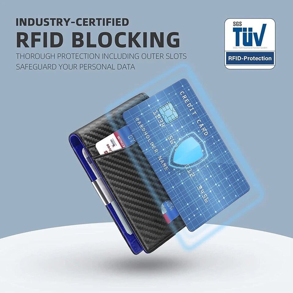 Mens Leather Carbon Fiber Wallet, RFID Blocking, Thin, ID window Inside
