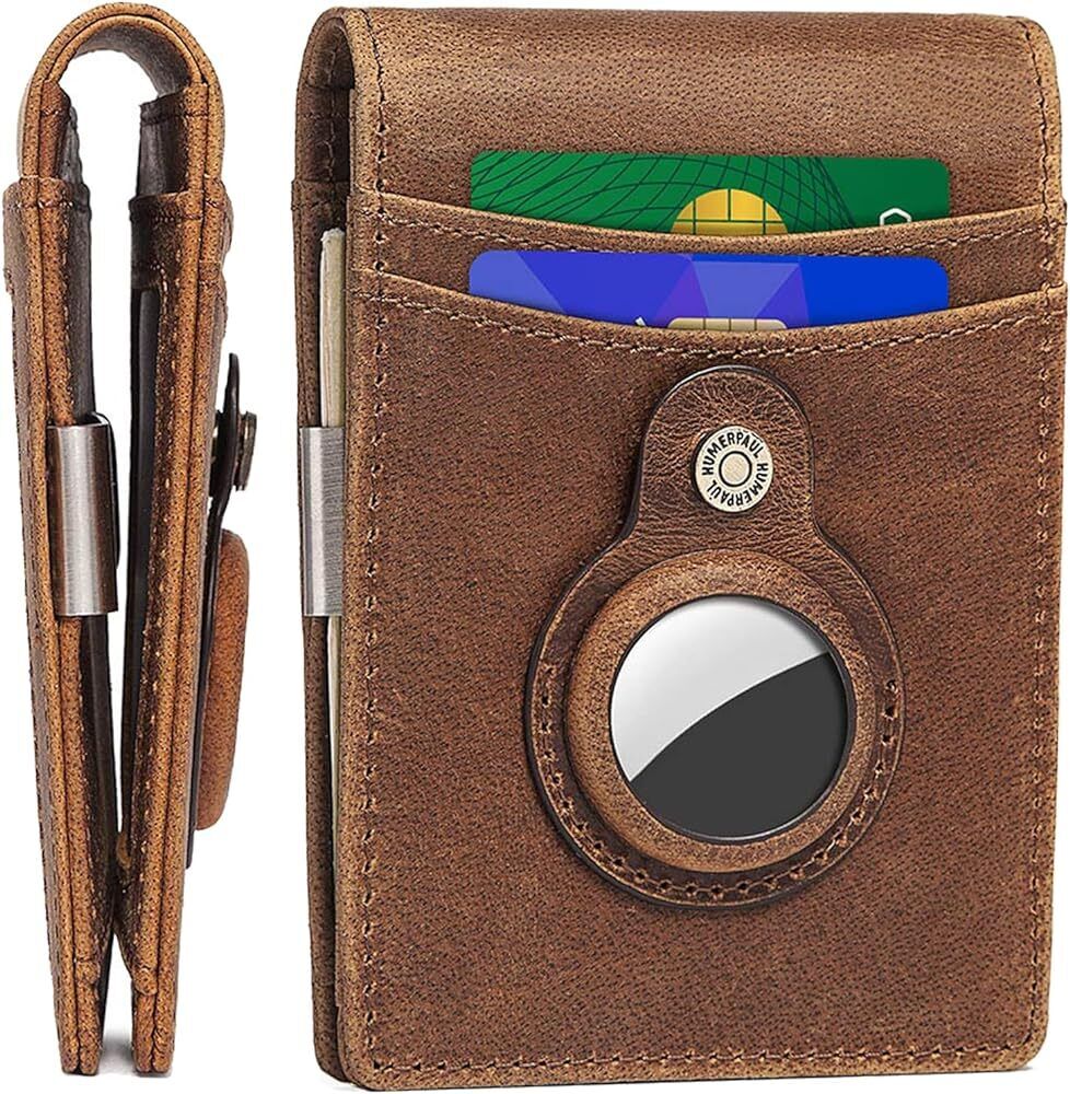 Men’s AirTag Wallet, Up to 10 Cards, Genuine Leather , RFID, and Money Clip