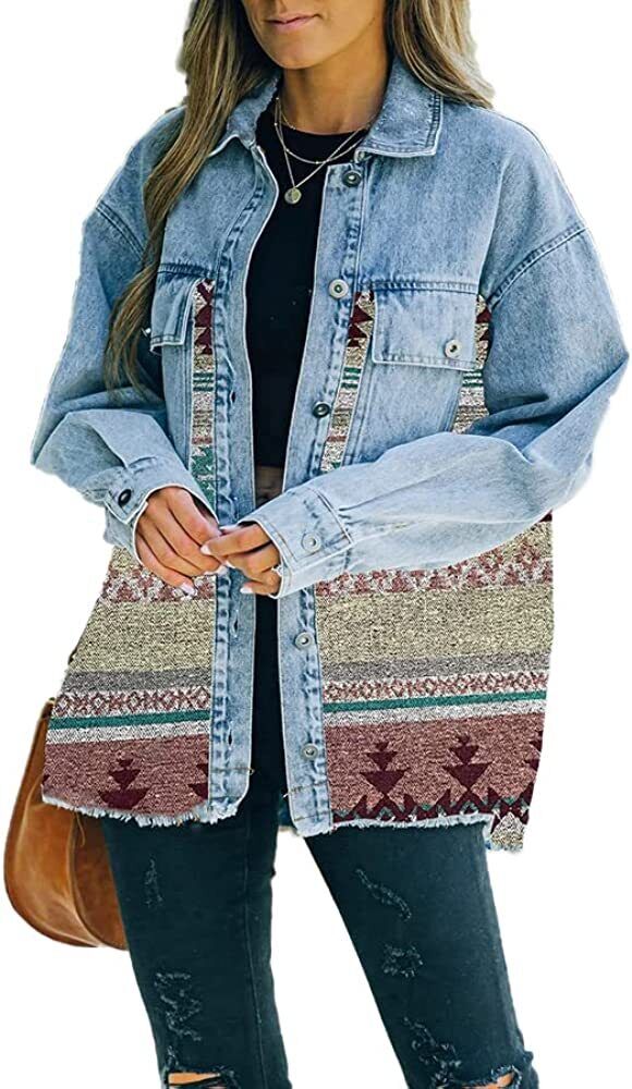 Womens Aztec Jacket Western Jacket Shacket Long Sleeve Button Down with Pockets