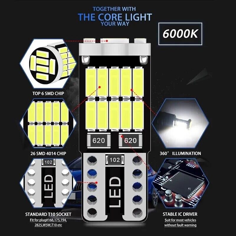 2 Pack LED Bulb T10 168 194 Signal Lamp Canbus 4014 26SMD For Car Interior Map D
