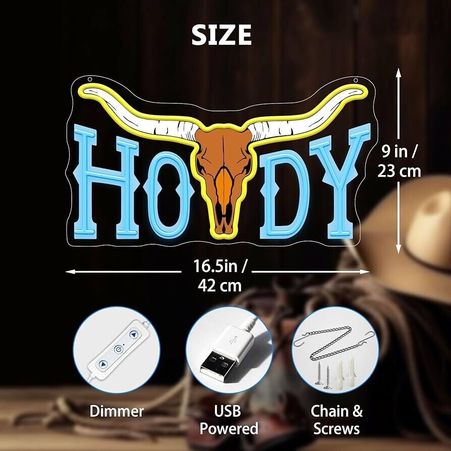 Howdy Neon Sign LED For Bar, Garage , Man-cave 9” x 16.5” inch