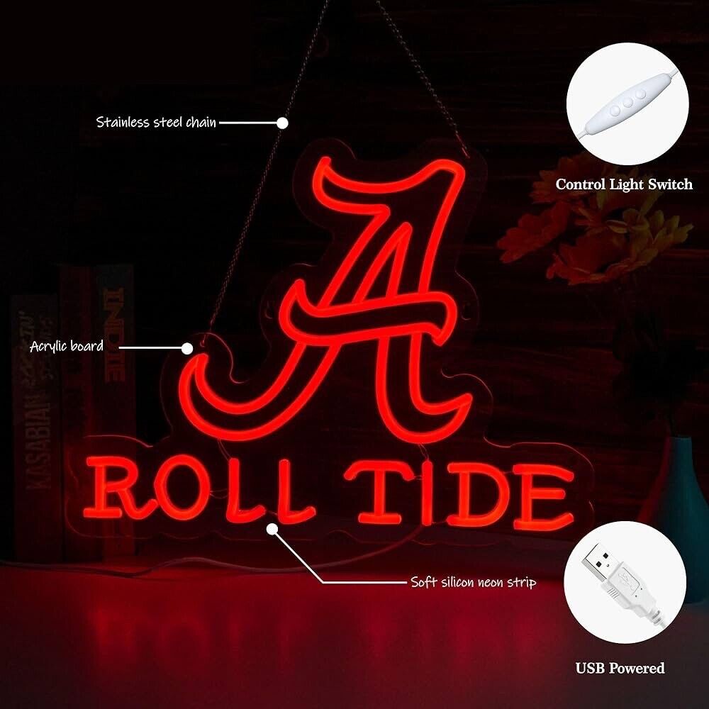 Roll Tide LED Neon Sign For Dorm, Mancave 16.5”" x 12.2” Inches